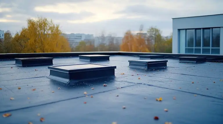 Flat roof with skylights and fallen leaves